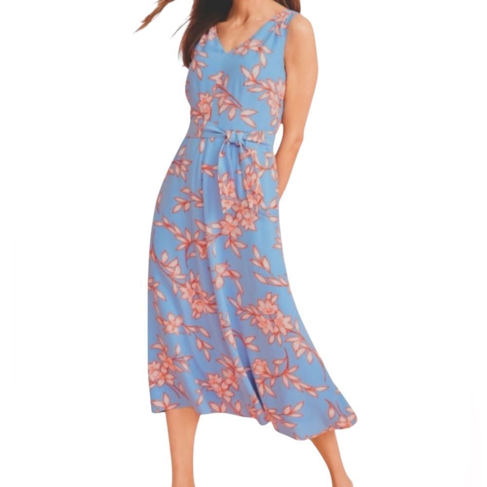 Talbots Light Blue Fit and Flare Floral Midi Dress Size 14 NEW Flowing Hibiscus